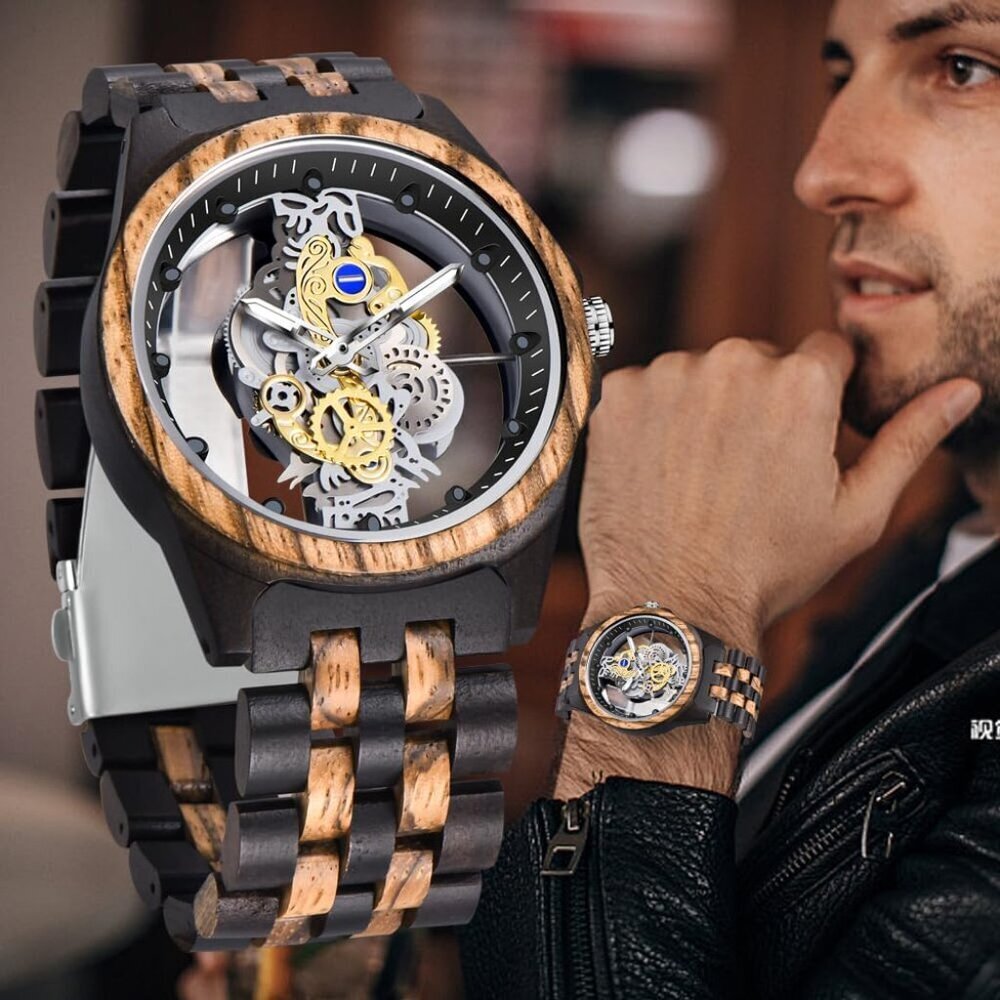 Men's Black Brown Lightweight Wooden Analog Quartz Deployment Closure Watches - Picture 8 of 8